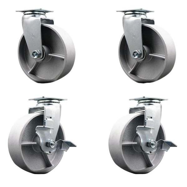 6 Inch Semi Steel Cast Iron Swivel Caster Set with Ball Bearings 2 Brakes